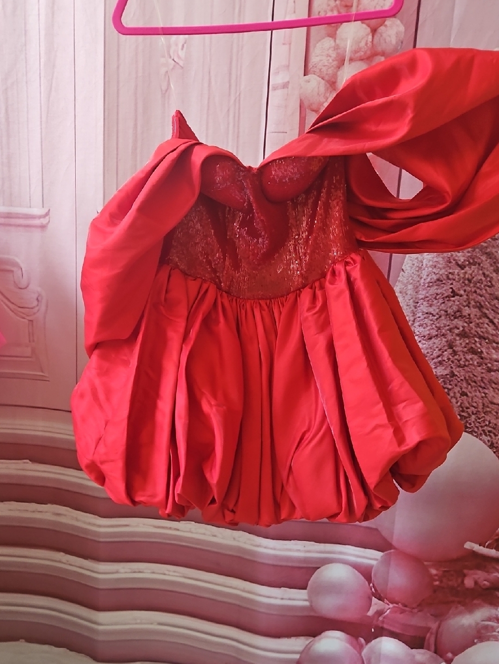 Red Strapless Bubble Hem Evening Dress